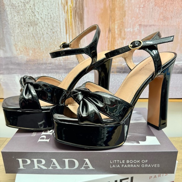 NEW 7.5 Black Patent Platform Sandals Heels Chunky Bow Summer Wedding Strappy - Picture 5 of 9